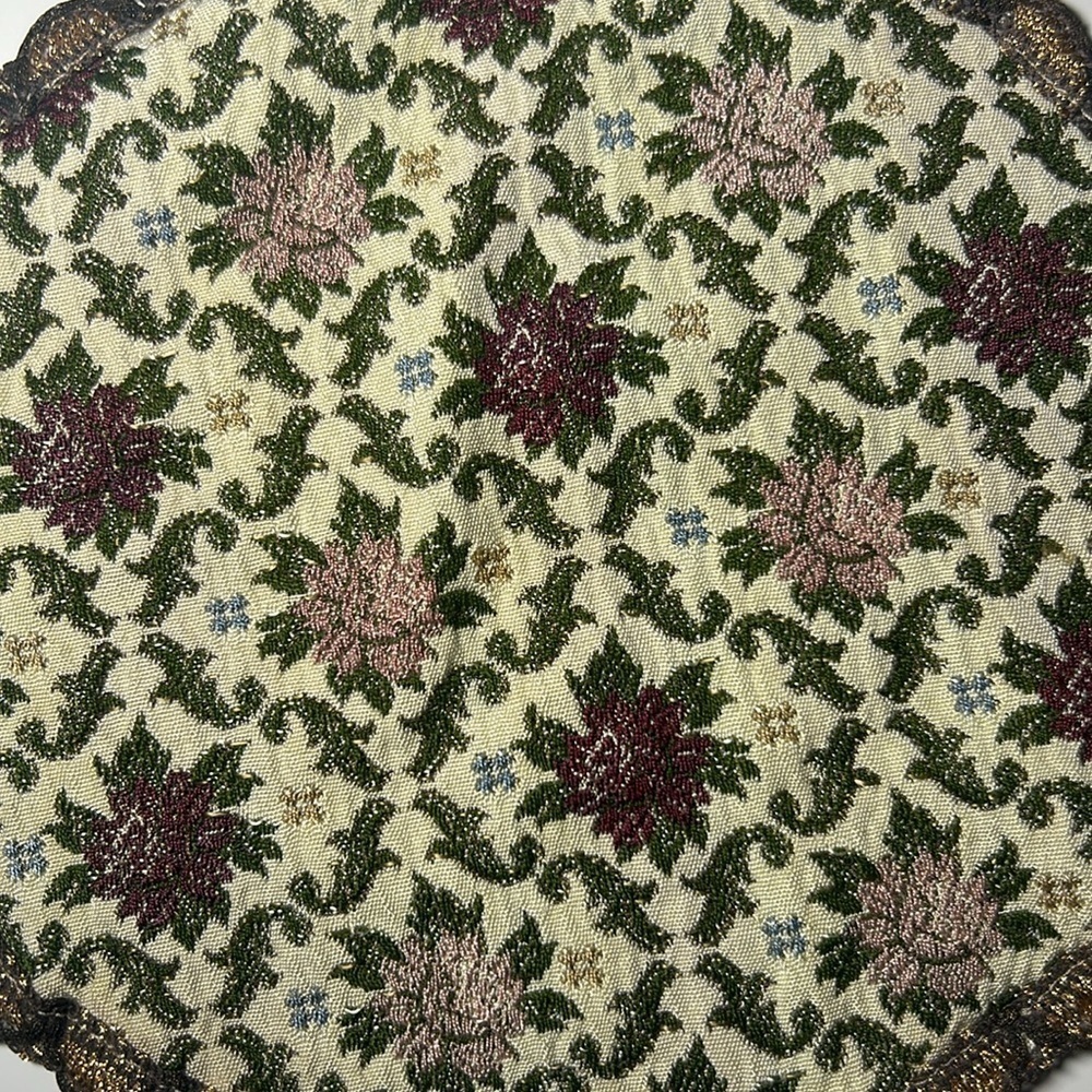 Doily vintage floral tapestry with metallic lace trim vintage Grandmacore